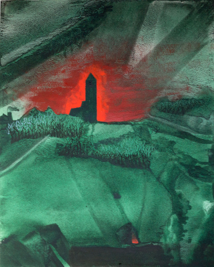 The Tower watercolor landscape painting by Harold Roth 2024. weird art, night painting, dark surrealism, esoteric art, occult art, ethereal art, macabre art, dreamscapes, imaginary landscape, moody art, surreal landscapes, atmospheric art, gloomy art, dark aesthetics, beautiful darkness, dark landscapes, dark mood, nocturne paintings, moody nature, forgotten places, invented towns, dark worlds, dark watercolors, dark paintings 